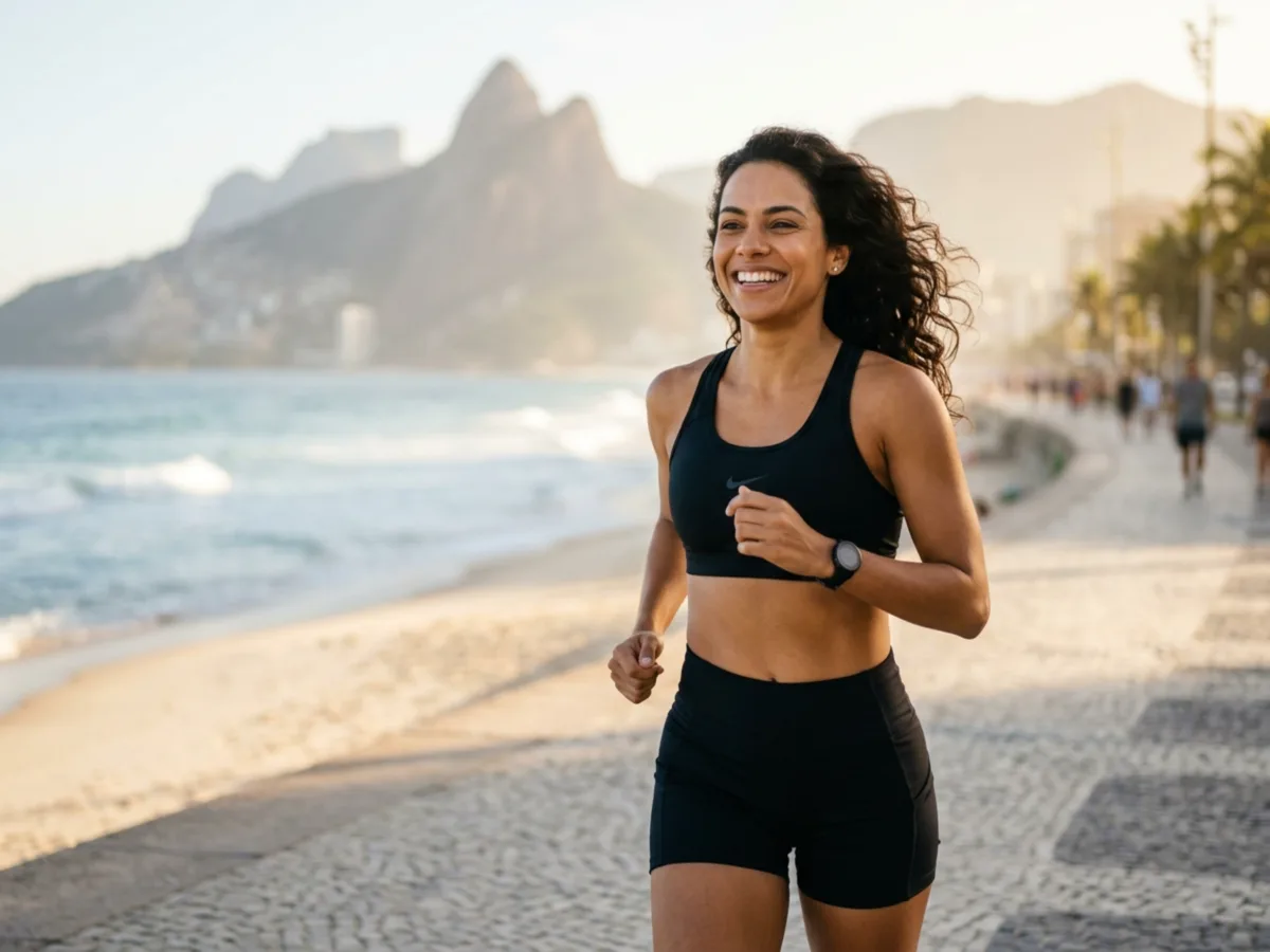 Corredora celebrando conquista com luz natural matinal